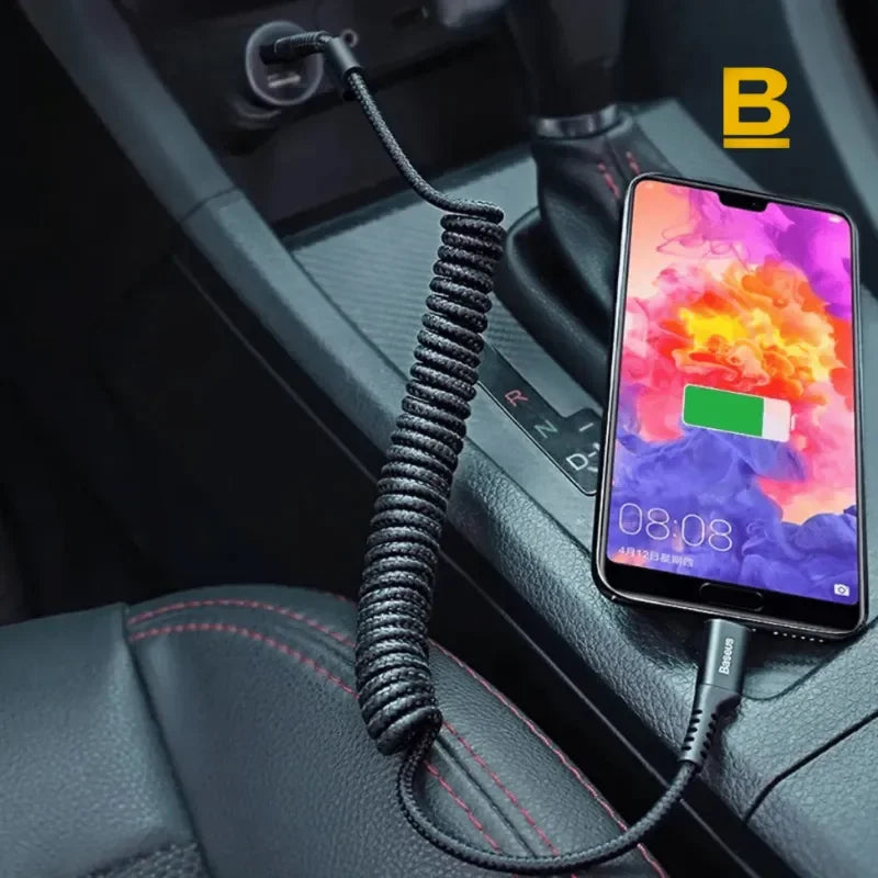 Cabo USB Tipo-C Retrátil 2A – Carregamento Rápido e Organizado no Carro