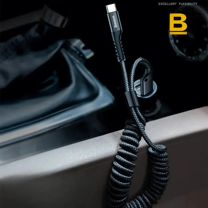 Cabo USB Tipo-C Retrátil 2A – Carregamento Rápido e Organizado no Carro